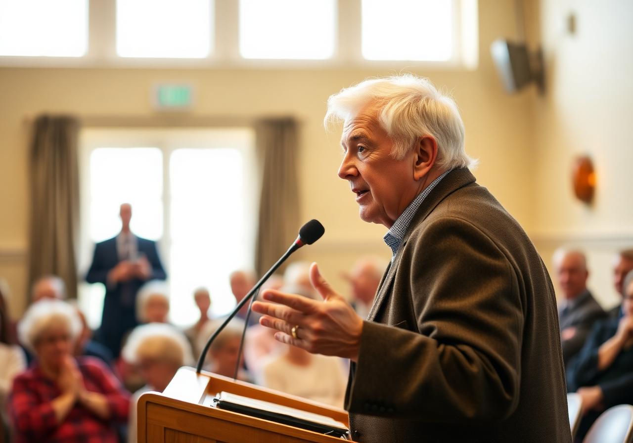 A distinguished elderly man speaking confidently at a podium to a warm community audience.