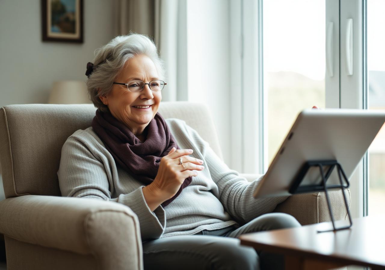 A smiling elder woman speaking to a tablet from her armchair, joining a WisdomSpeak session.
