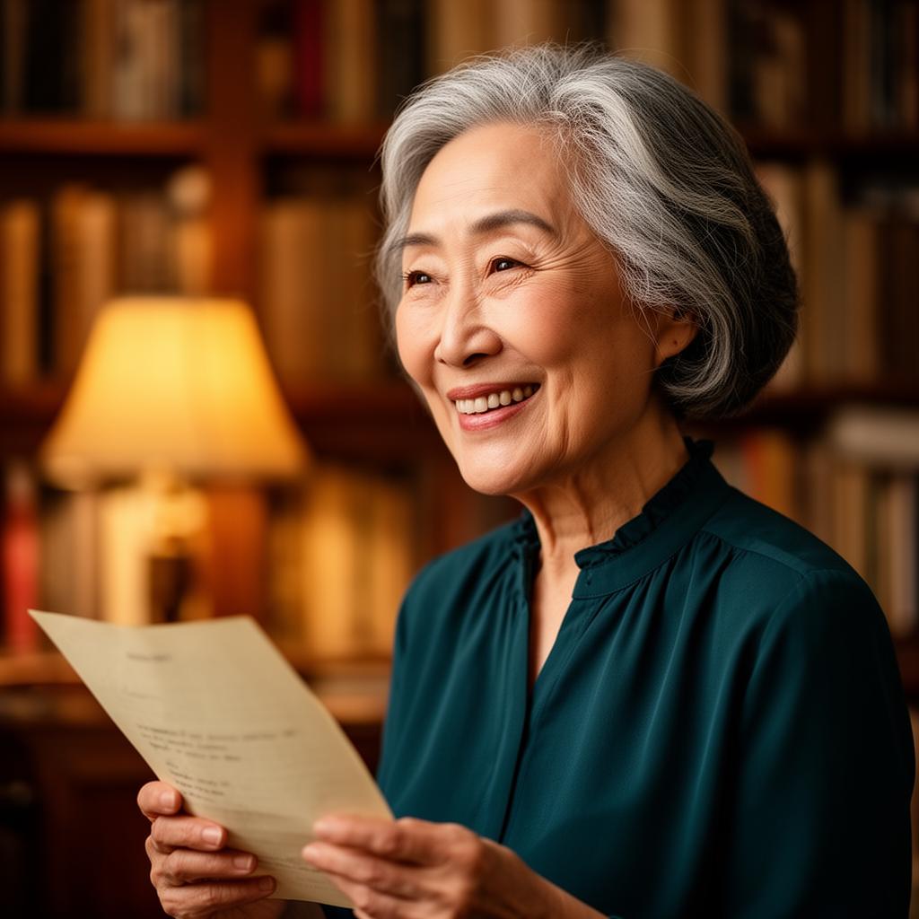 A senior woman smiling warmly while reading a note in a cozy library.