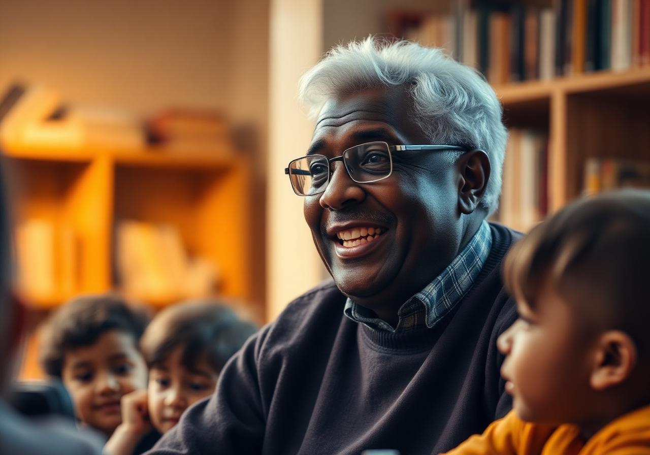 Senior speaker in conversation with children at a library session