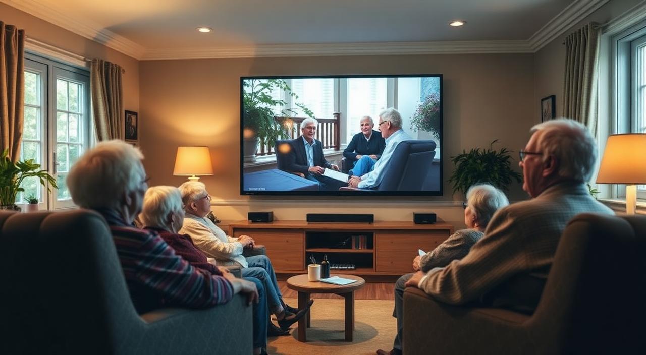 Elders comfortably watching a WisdomSpeak presentation together in a warm care home lounge.